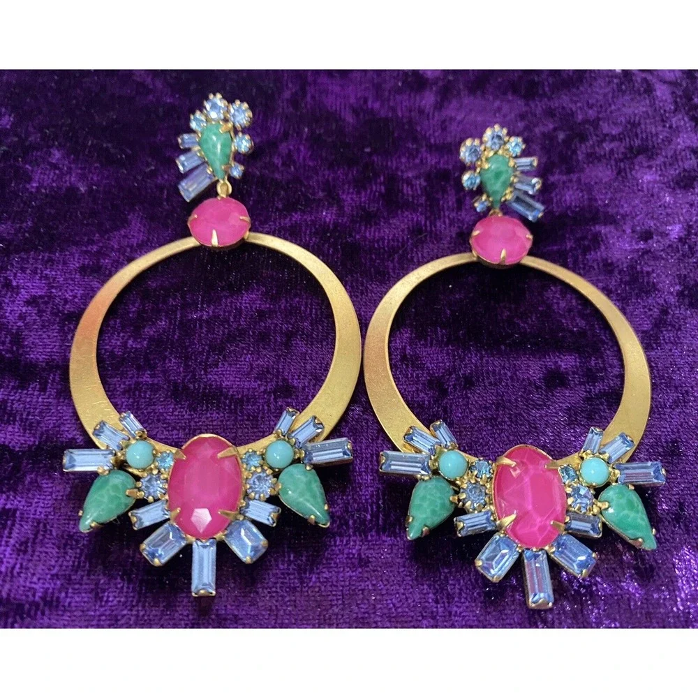 Elizabeth‎ Cole Pink Crystal Drop Dangle Earrings Speckled Cabs Hoops Post Glam - Picture 2 of 9